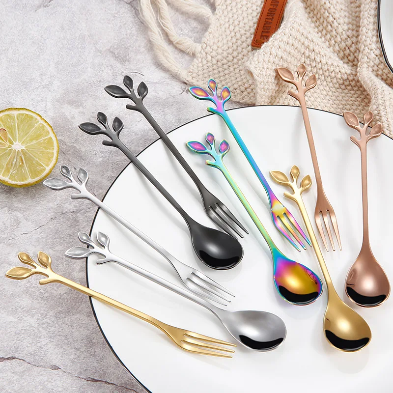 

Stainless Steel Tableware Gold-plated Coffee Dessert Spoon Hotel Restaurant Simple Fruit Fork Creative Leaf Spoon