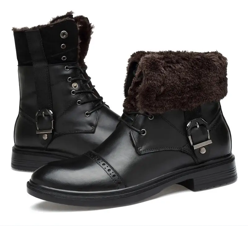 Изящная мужская зимняя обувь из натуральной коровьей кожи; теплые мужские зимние ботинки ручной работы из натуральной кожи; Брендовые повседневные ботинки унисекс - Цвет: black-fur plush