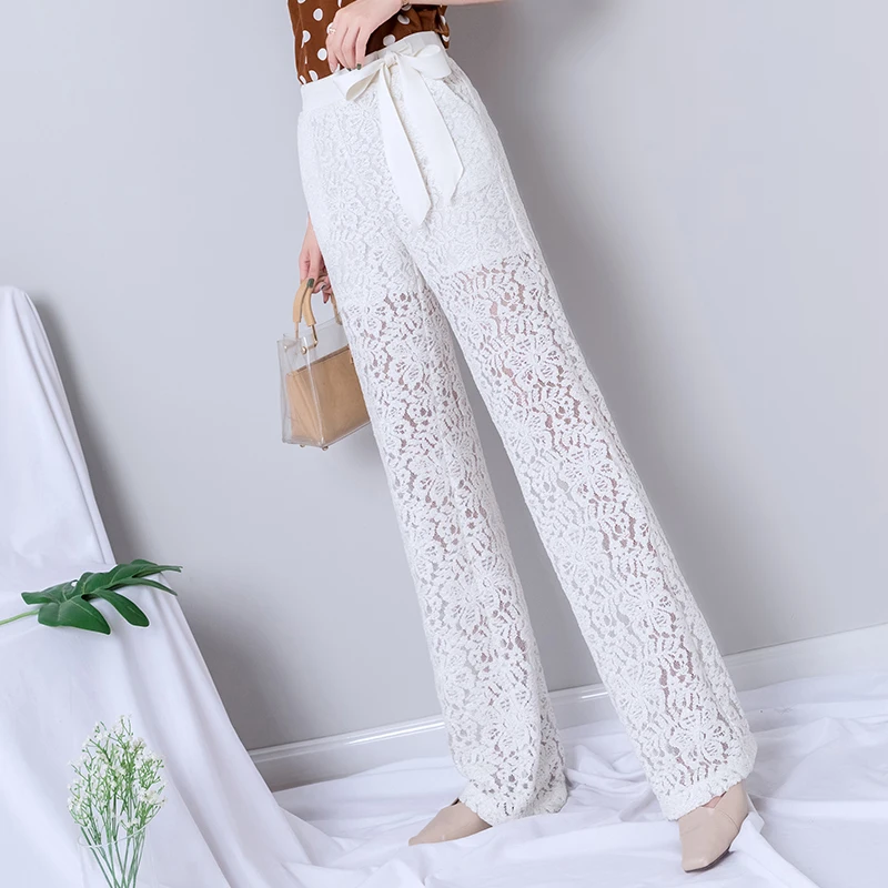 

White Lace Wide Leg Pants Women Summer Harajuku Gothic Elegant Pants with Sashes Korean High Waist Streetwear New Trousers Women