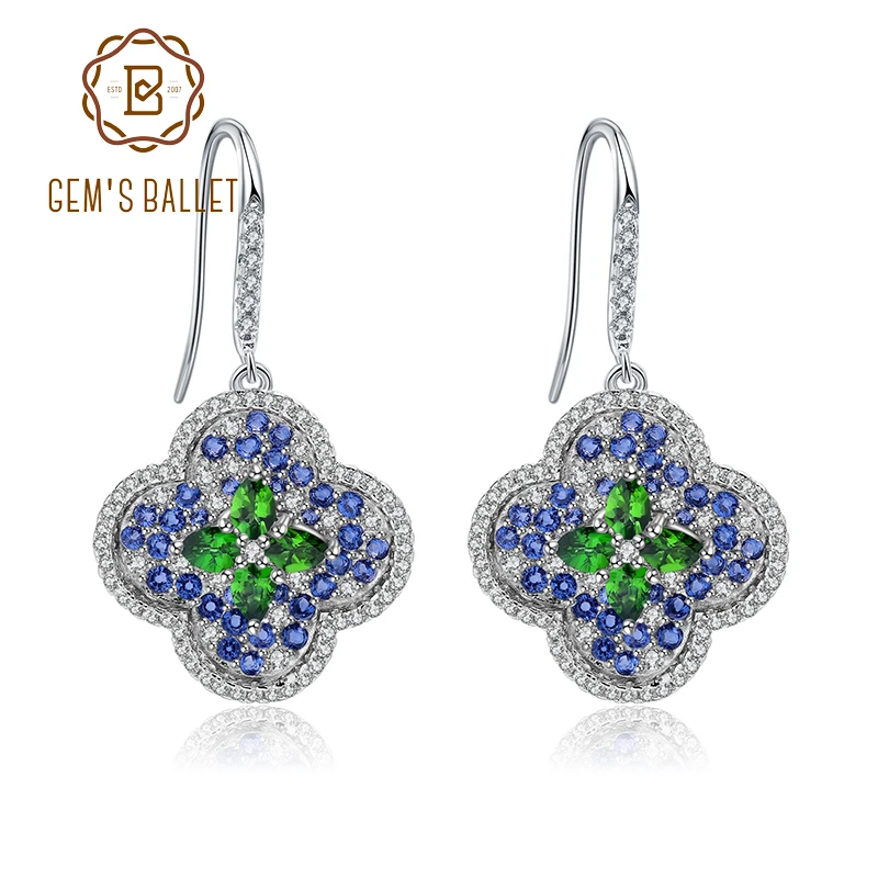 

GEM'S BALLET 925 Sterling Silver Vintage Flower Earrings 1.30Ct Natural Chrome Diopside Drop Earrings Genuine for Women Jewelry