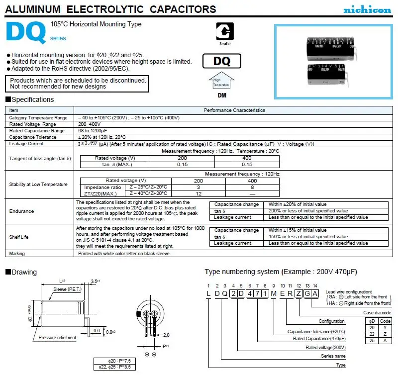 2 шт 220 мкФ 400V NICHICON DQ серия 25x40 мм 400V220uF горизонтальный монтажный алюминиевый электролитический конденсатор