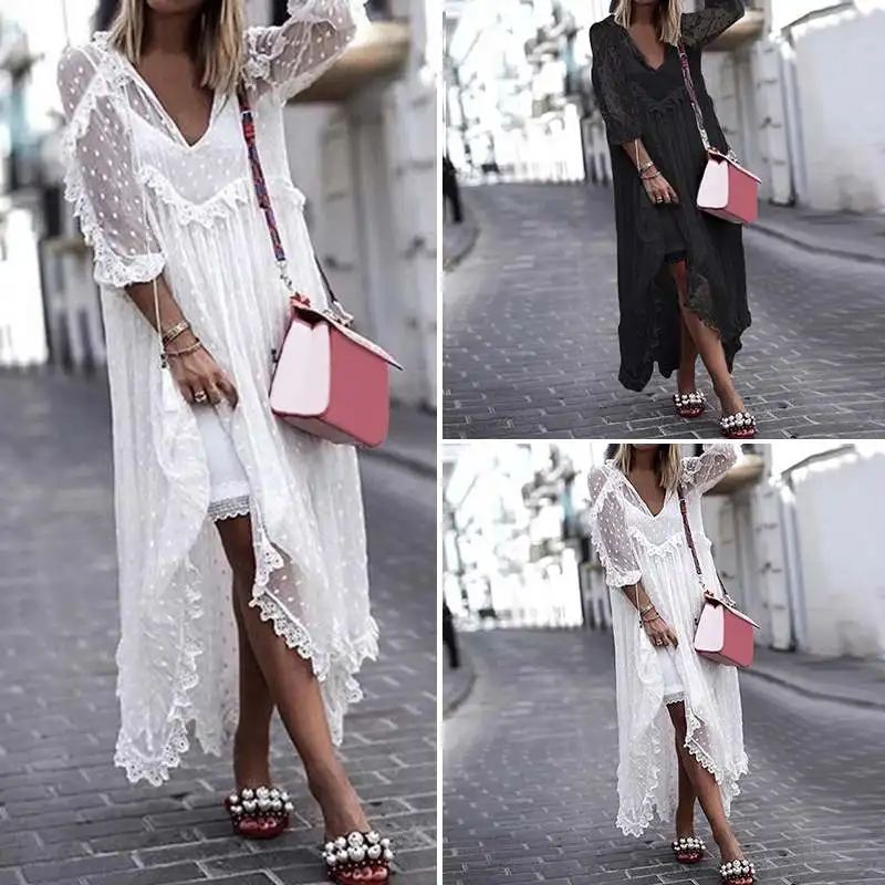 VONDA Summer Sexy White Lace Dress Women V-Neck Dot Hollow Asymmetrical Hem Dress Holiday Cardigan Vestidos Plus Size S-5XL