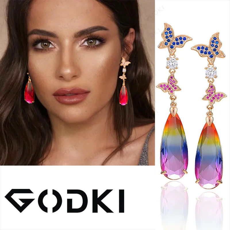 

GODKI 57mm Luxury Butterfly Dangle Earrings For Women Wedding Full Cubic Zircon Crystal CZ Dubai Indian Bridal Earrings 2019