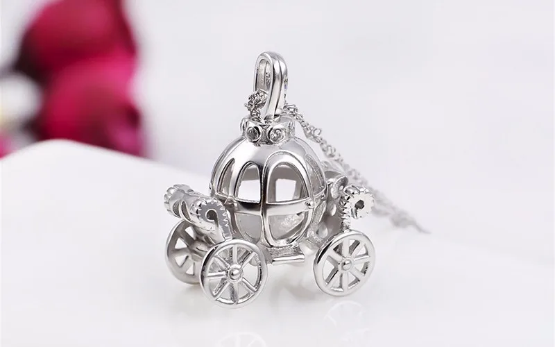 Solid 925 Sterling Silver Charm Hollow pumpkin car design Necklace for kids Fairy Tale Cinderella Carriage pendant Best gift (3)