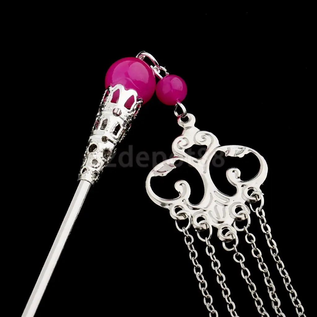 Solid Metal Tasel with Beads Stick Pin Hanfu Dress Ancient Chinese Cosplay Drama Girls Cute Hair Pin