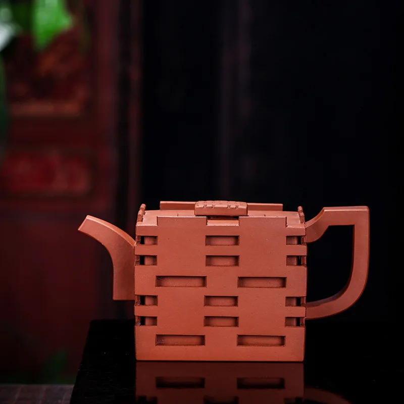 

Hollow Out Dark-red Enameled Pottery Teapot Raw Ore Clear Cement Pure Manual Make Double Happiness Teapot Tea Set Gift Box