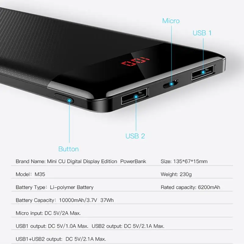 Baseus Slim 10000mAh Power Bank Dual USB LCD Powerbank Portable External Battery Pack Charger For Mobile Phones Tablet Poverbank