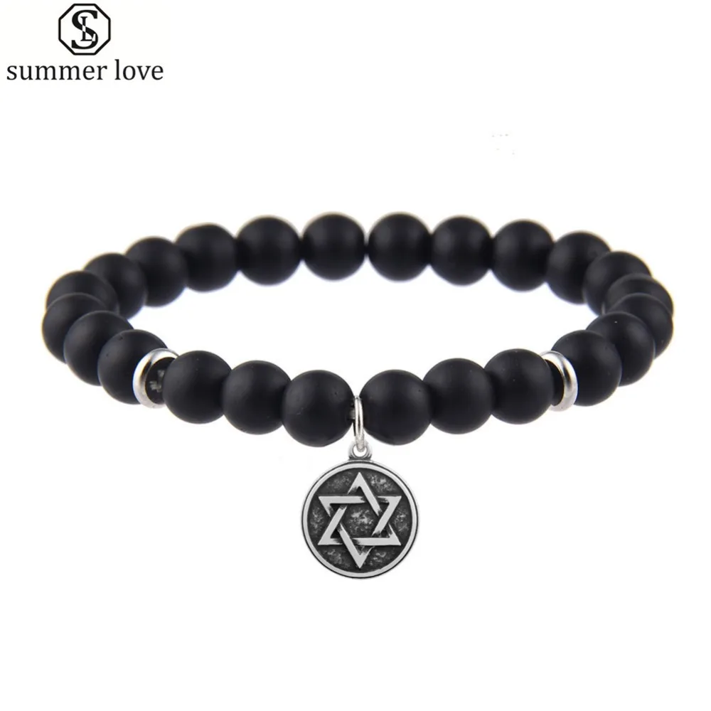 

Steel Coexist World Peace Sign Star of David Charm Men Bracelet 8mm Agates Beaded Bracelet Lucky Stretchable Handmade