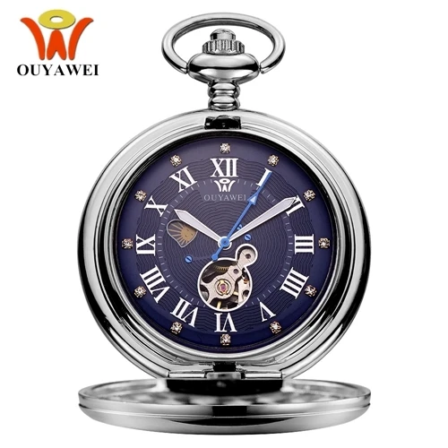 Новая мода OUYAWEI Механические карманные часы мужские полностью стальной черный чехол карманные Fob часы Аналоговые стимпанк Hombre винтажные часы - Цвет: Silver Blue