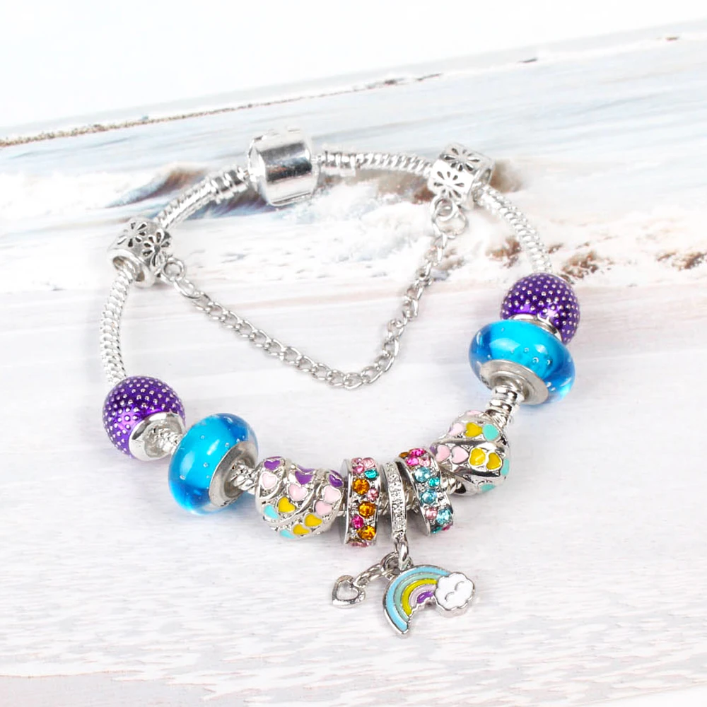 

New Arrival Handmade Silver Plated Brand Charm Bracelet with Blue Crystal Rainbow Beads Bracelets For Women Jewelry Gifts