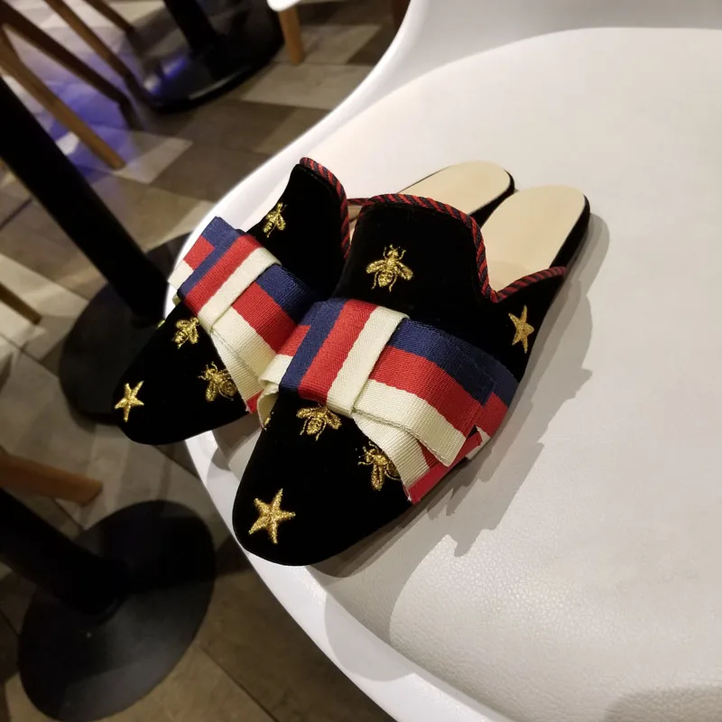 

Hot Spring Autumn Shoes Woman Flock Velvet Bow-knot Mules Slippers Casual Embroider Square Toe Flats Design Zapatos Mujer Shoes
