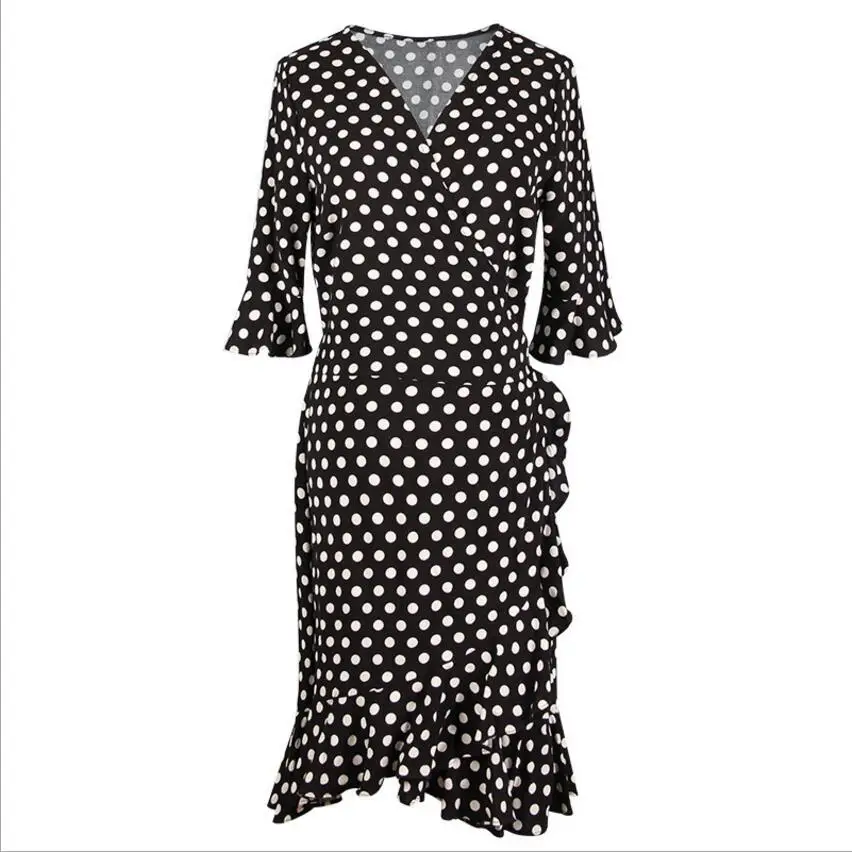 

High Quality Plus Size Summer Fashion Dot Half Open Collar Seven-Quarter Sleeve Women Floral Dress