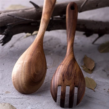 

Large Wooden Spoon Set Big Salad Serving Spoon Fork Natural Wood Tablespoon Long Handled Cooking Spoon Kitchen Wooden Utensils25