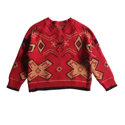 Зимняя одежда; детская одежда; вязаный свитер с красными цветами; пуловер с круглым вырезом