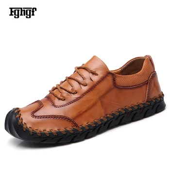 

2019 New Durable Men's Shoes Cowhide Split Leather Rubber Sole Retro Color Solid Hand Sewing Outdoor Shoes EU38-45 Plus Size
