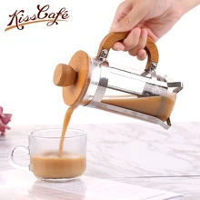 350ml Glass Hollow French Press Coffee Maker Tea Pot Wooden Cover Cafetiere Permanent Coffee Filter Baskets Espresso Accessories manual coffee espresso maker pot stainless steel glass teapot cafetiere french coffee tea percolator filter press plunger