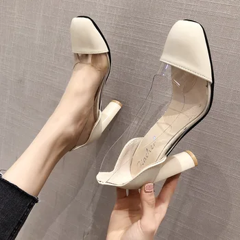 

2019 spring and summer new fashion simple PVC decorative high heels women retro style thick and comfortable wild single shoes.