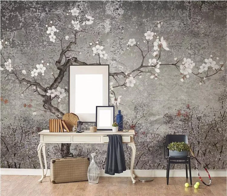 

Custom Photo Wallpaper Mural New Chinese Hand Flower Flower and Bird Living Room Wallpaper 3d Vintage Plum Background