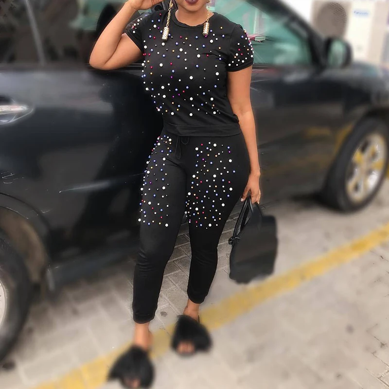 

Pearl Beading Black Tracksuits Women Two Piece Set 2018 Street t-shirt Tops and Jogger Set Suits Casual Bodcon 2pcs Outfits
