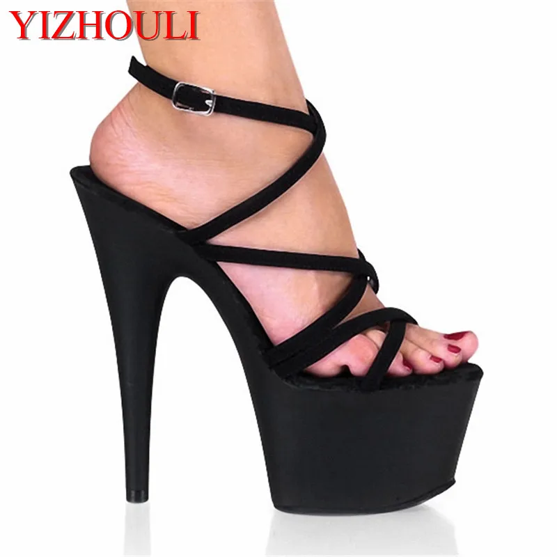 Hand Made Unusual Strappy 7 Inch High Heel Shoes Flock Platform Exotic Dancer Shoes 17CM Peep Toe Women Sandals