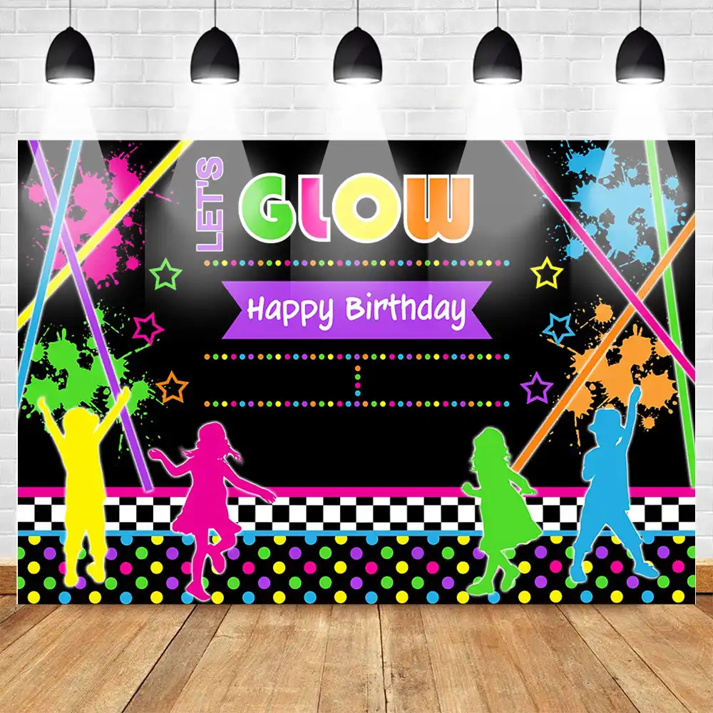 Teens Birthday Party Backdrop Neon Party Banners Glow Lines Cake