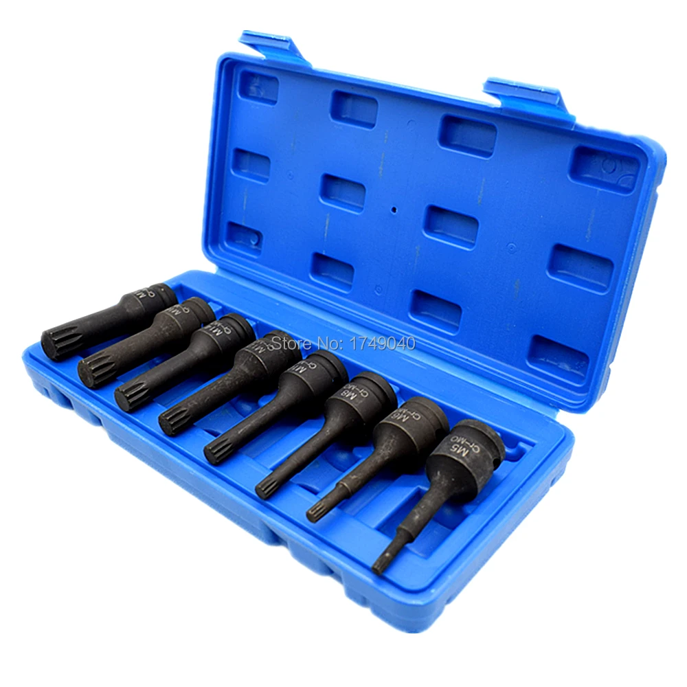 

8pcs 1/2" Square Drive Impact Spline Socket Bits Set M5 M6 M8 M10 M12 M14 M16 M18 CR-MO Screw Driver Bit Screwdriver Bits