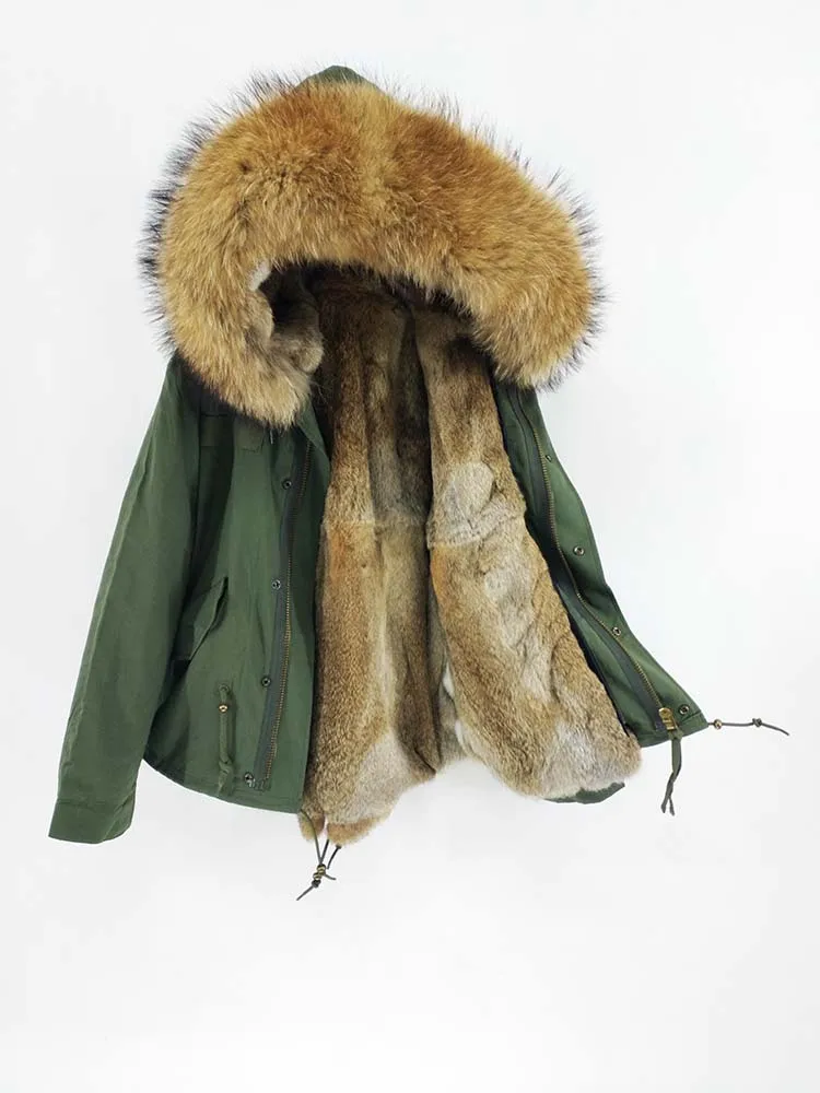 FURTJY армия зеленый пальто черный внутри длинная куртка из натурального енота меховым воротником с натуральным кроличьим мехом внутри