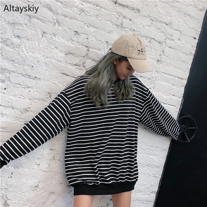 

Hoodies Women 2019 O-Neck Striped Loose All-match Korean Style Harajuku Soft Trendy Sweatshirts Womens Retro Full Pullovers Chic