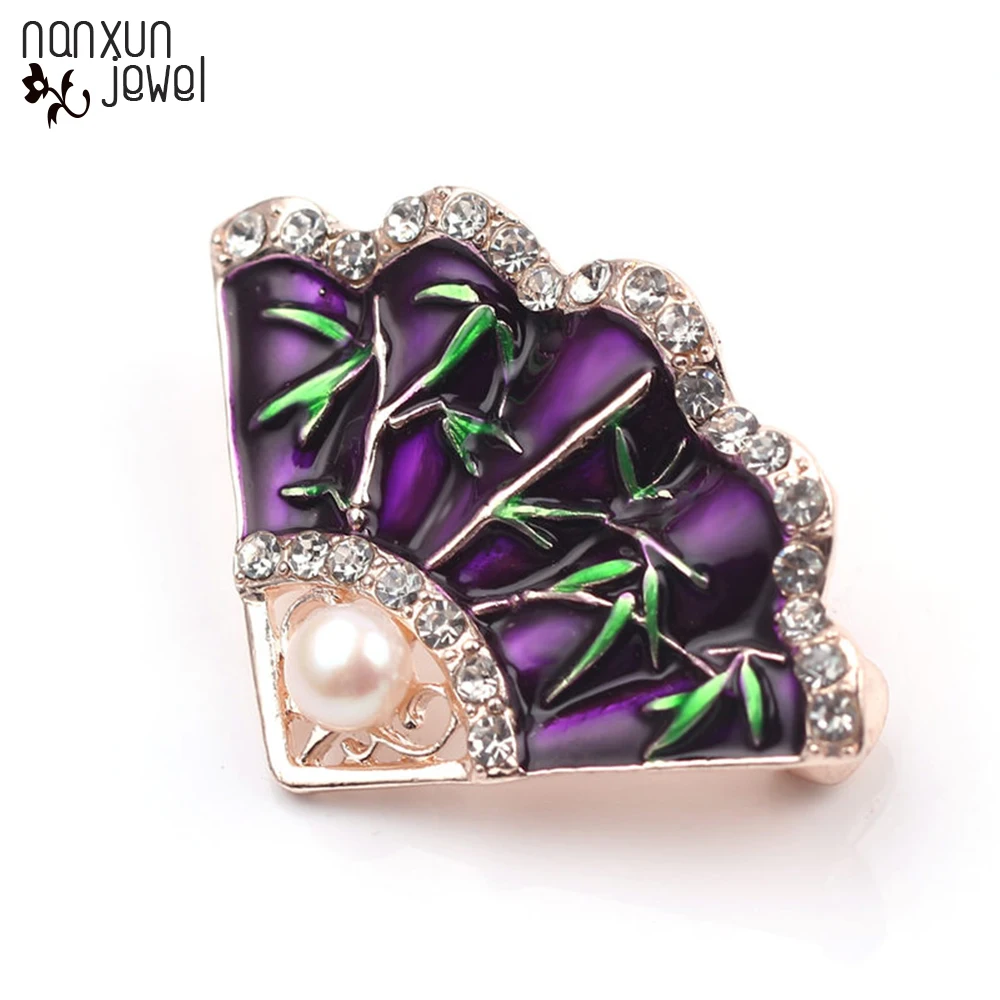 

Enamel Bamboo Chinese Fan Imitation Pearl Brooch Collar Lapel Pin Badge Wedding Brooches For Suits Dress Banquet Brooches Gifts