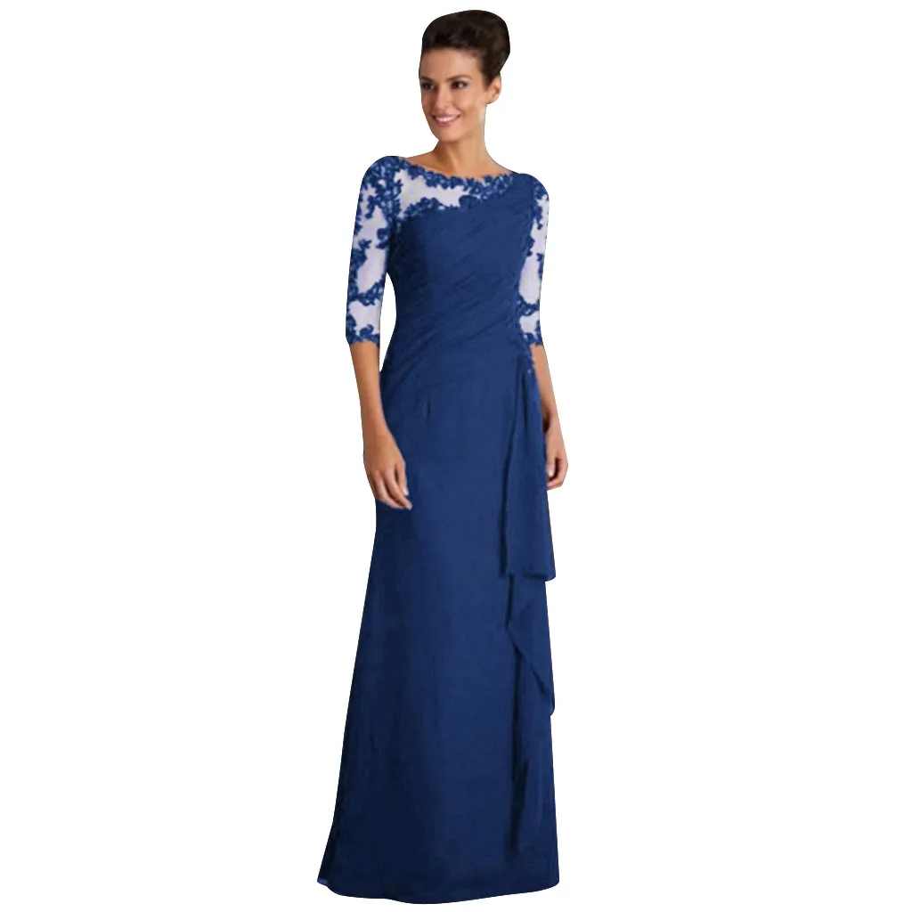 Женские шифоновые платья размера плюс, новые модные шифоновые платья с рукавом три четверти, длинные кружевные платья Vestidos - Цвет: Navy