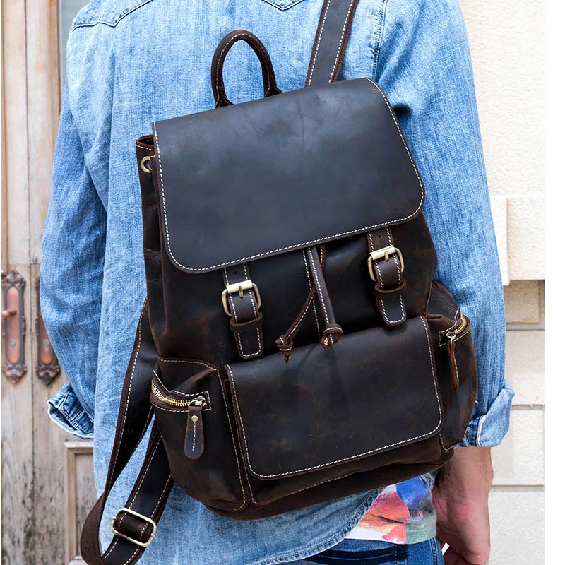 Vintage Crazy Horse Leather Backpack Thick Genuine Cow Leather Women ...