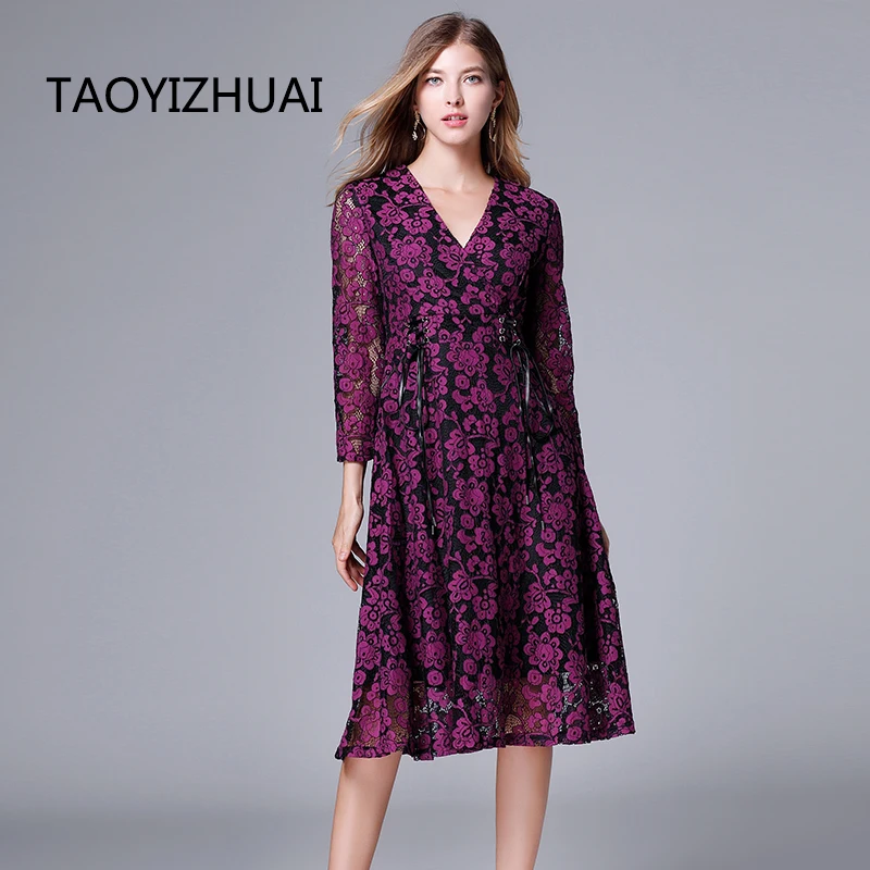 Женское винтажное платье на завязках TAOYIZHUAI фиолетовое с v образным вырезом