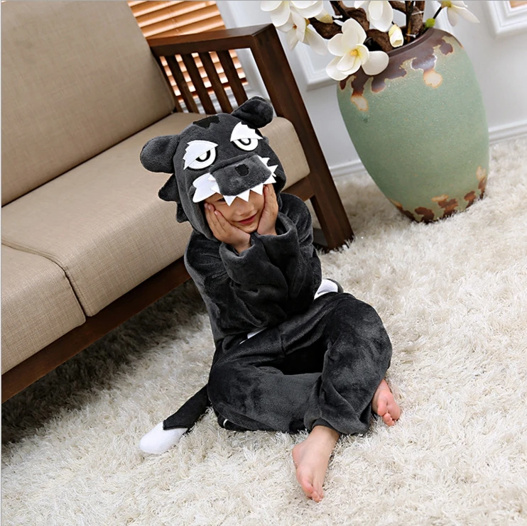BIKIRUB/Детская Пижама зимняя одежда для сна с капюшоном Пижама для девочек и мальчиков, комплект кигуруми, милый серый волк, Детская Пижама с животными, Фланелевая Пижама