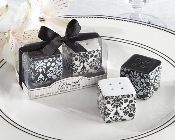 

Free shipping wedding favor gift and giveaways-Damask Ceramic Salt and Pepper Shakers bridal shower party souvenir 100boxes/lot