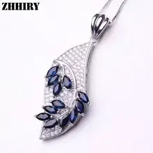 Для женщин натуральный голубой сапфир Цепочки и ожерелья с подвесками из натуральной серебро 925 пробы изысканные украшения с драгоценными камнями