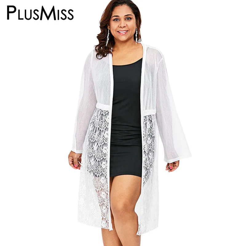 Najtaniej PlusMiss Plus Rozmiar Biały Floral Lace Mesh Kimono Cardigan Bluzka Kobiety Duży Rozmiar Plaża Z Długim Rękawem Boho Długi Topy Damskie 2018