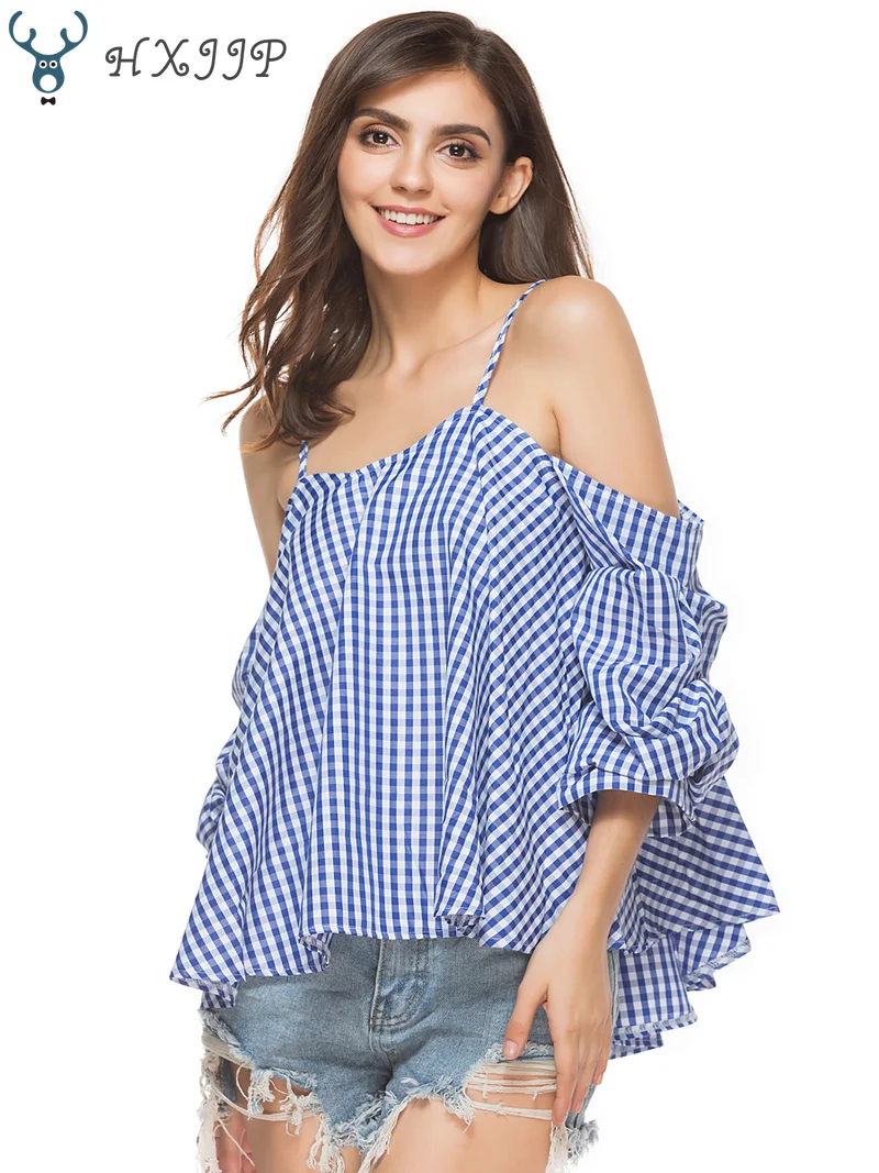

New Summer 2019 Lantern Sleeve Plaid Shirt Condole Belt Off Shoulder and Halter Back Women's Blouse