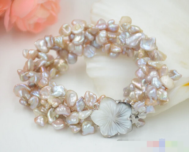 

01312 4row 8" lavender lamina BAROQUE KESHI REBORN PEARL bracelet