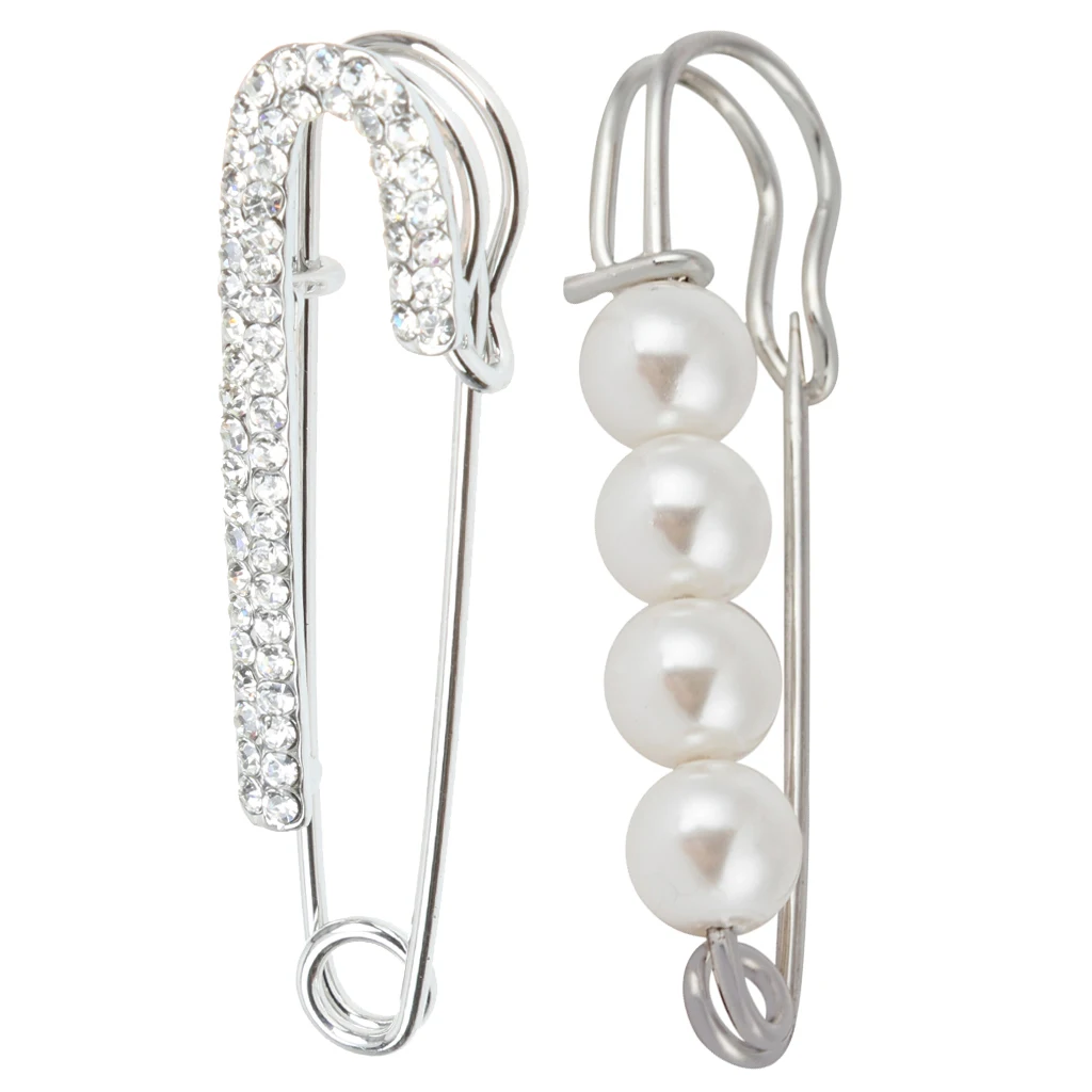 2 pcs Lady Scarf Cloth Crystal Rhinestones Pearl Safety Pin Brooches Fashion Jewelry for Wedding Bridal Gown Evening Dress 