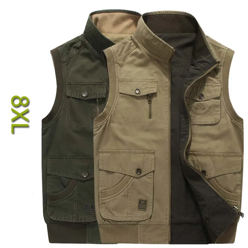 Double SIDE Vest Cotton PLUS SIZE M-8XL Men Casual Vest with Many Pocket Sleeveless Jacket Mandarin Collar Military Waistcoat new chinese style office lady nude shirt silk with landscape patterns jacquard tops mandarin collar slanted placket shirts women