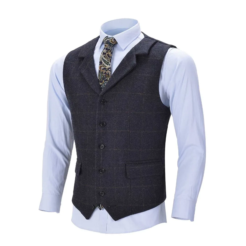 

2022 New Navy Blue Men's Plaid Vest Wool Tweed Suit Vest Formal Notch Lapel Waistcoat Groomsmen Customizable For Wedding