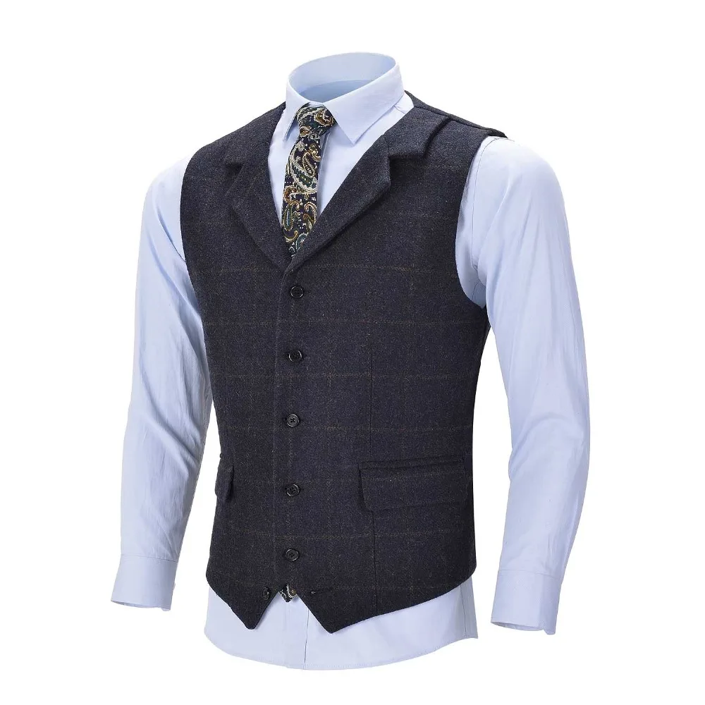 

2019 New Navy Blue Men's Plaid Vest Wool Tweed Suit Vest Formal Notch Lapel Waistcoat Groomsmen Customizable For Wedding