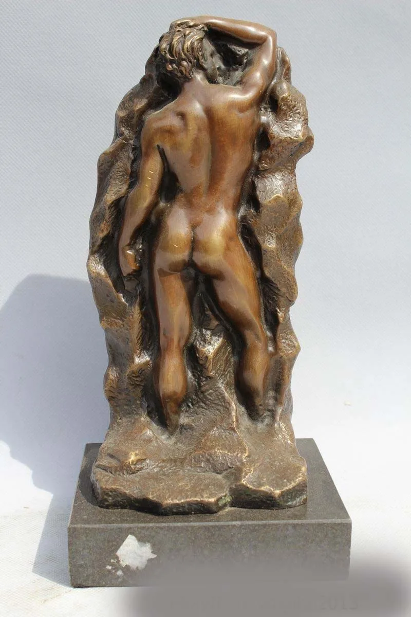 

15"Western Art sculpture Bronze Marble Nude Men Man Behind Hill Statue DSD66
