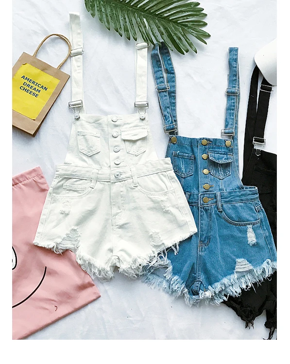 2017 New South Korea loose cowboy straps pants summer students high waist holes burr pants pants shorts tide (1)