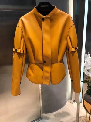 Женские пальто из натуральной кожи, осенне-зимнее пальто из овечьей кожи, женские Мотоциклетные Куртки с заклепками из натуральной кожи - Цвет: Цвет: желтый