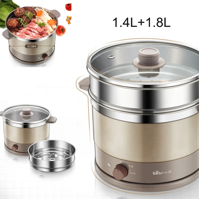 

15%JA29,304 Stainless Steel Multi Cookers Electric Double-layer Hot Pot Cooker Knob Control Thermostat Insulation Anti-dry 1.8L