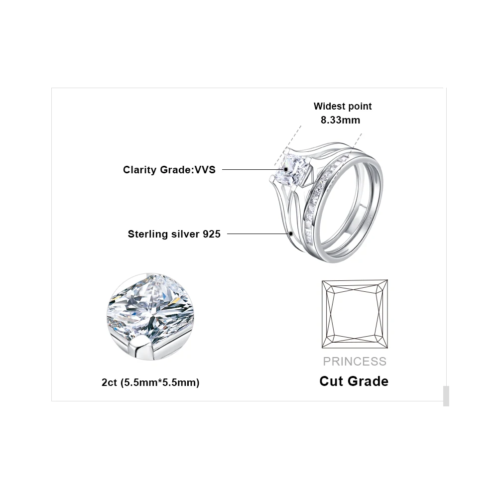 BLUE VOLGA 2.19ct Princess Cut Cubic Zirconia Ring 925 Sterling Silver Engagement Wedding Bands Rings For Women Bridal Sets Gift Fine Jewelry