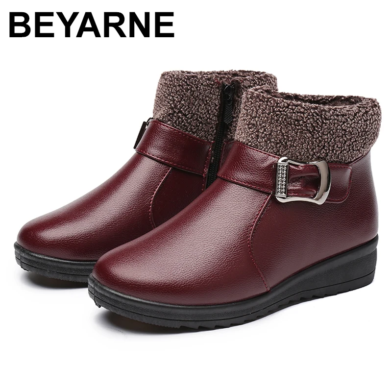 

BEYARNE Winter women ankle boots Fashion Pu Leather Casual Warm comfortable Mother snow boots Grandmother Slip-On cotton shoes