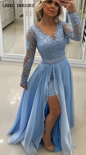 

Blue Long Sleeves Prom Dresses With Removable Skirt 2019 Long Tulle Chiffon Beaded Evening Dress V Neck Slit Formal Party Gowns