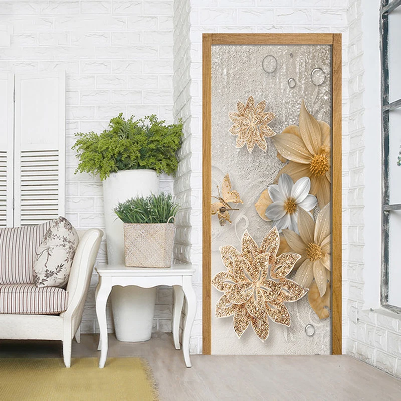 3D Роскошные золотые украшения цветы Бабочка гостиная 3D двери наклейки настенная живопись обои ПВХ водонепроницаемые дверные наклейки
